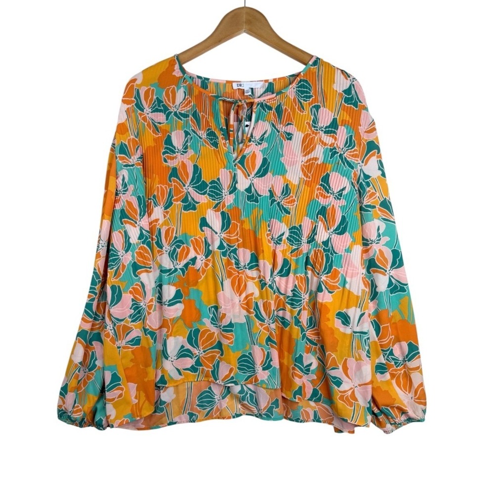 NWT DR2 Floral Print Abstract Print Long Tie Neck Long Sleeve Blouse size XXL